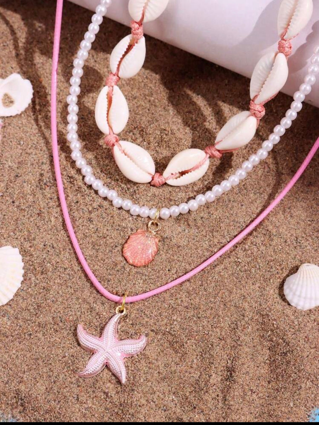 3-Piece Pink Starfish & Shell Beaded Necklace Set | Beach-Inspired Jewelry