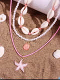 3-Piece Pink Starfish & Shell Beaded Necklace Set | Beach-Inspired Jewelry