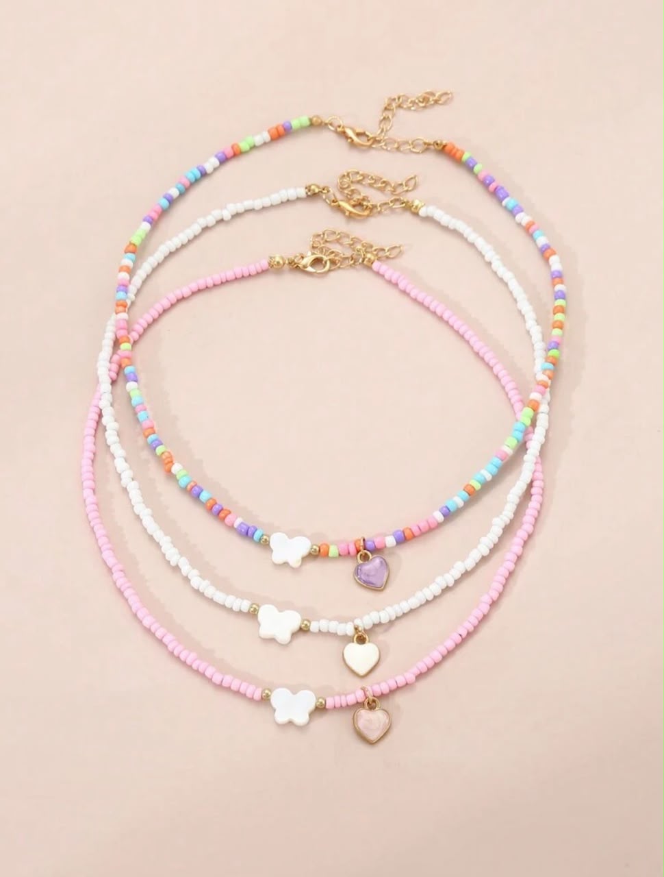 Colorful Beaded Butterfly &amp; Heart Charm Necklaces