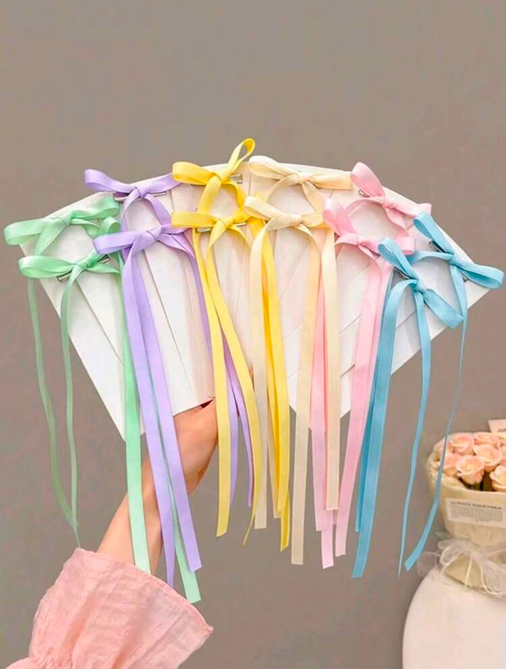 Long Tail Satin Ribbon Bow Hair Tie – Pastel Streamer Hair Accessory