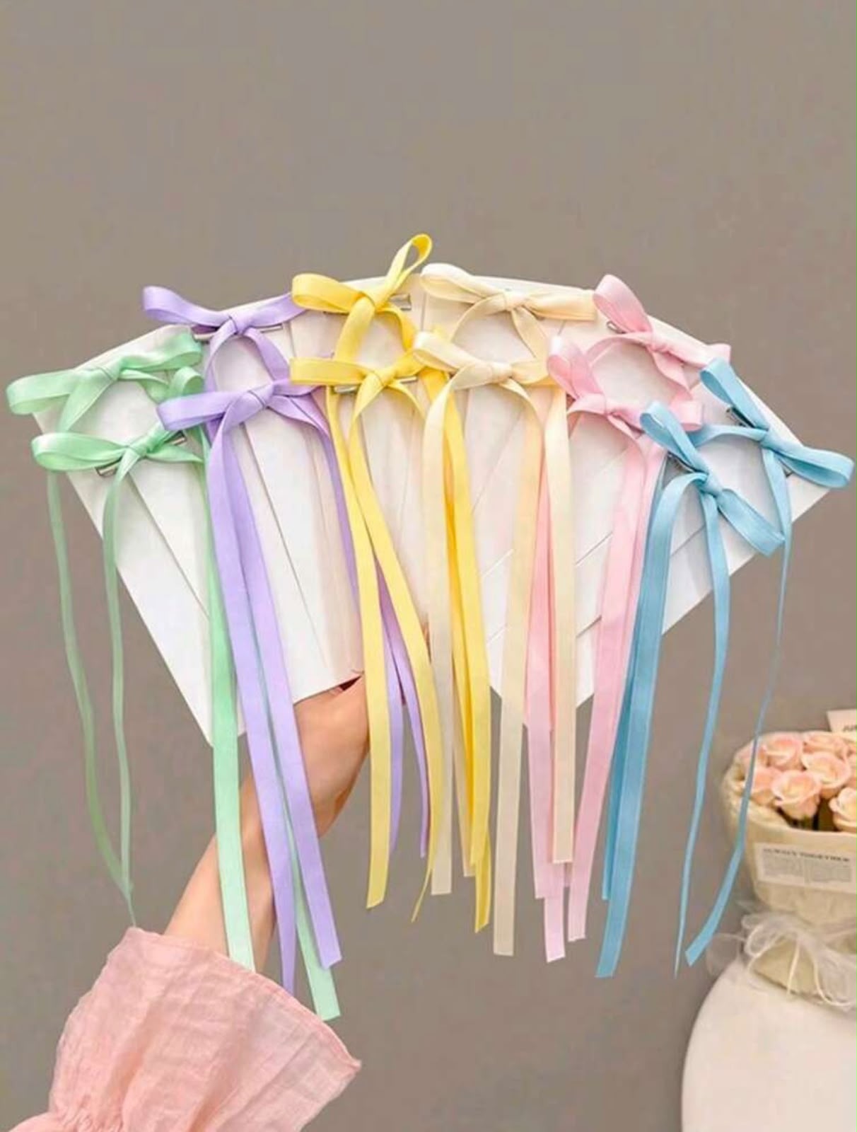 Long Tail Satin Ribbon Bow Hair Tie – Pastel Streamer Hair Accessory
