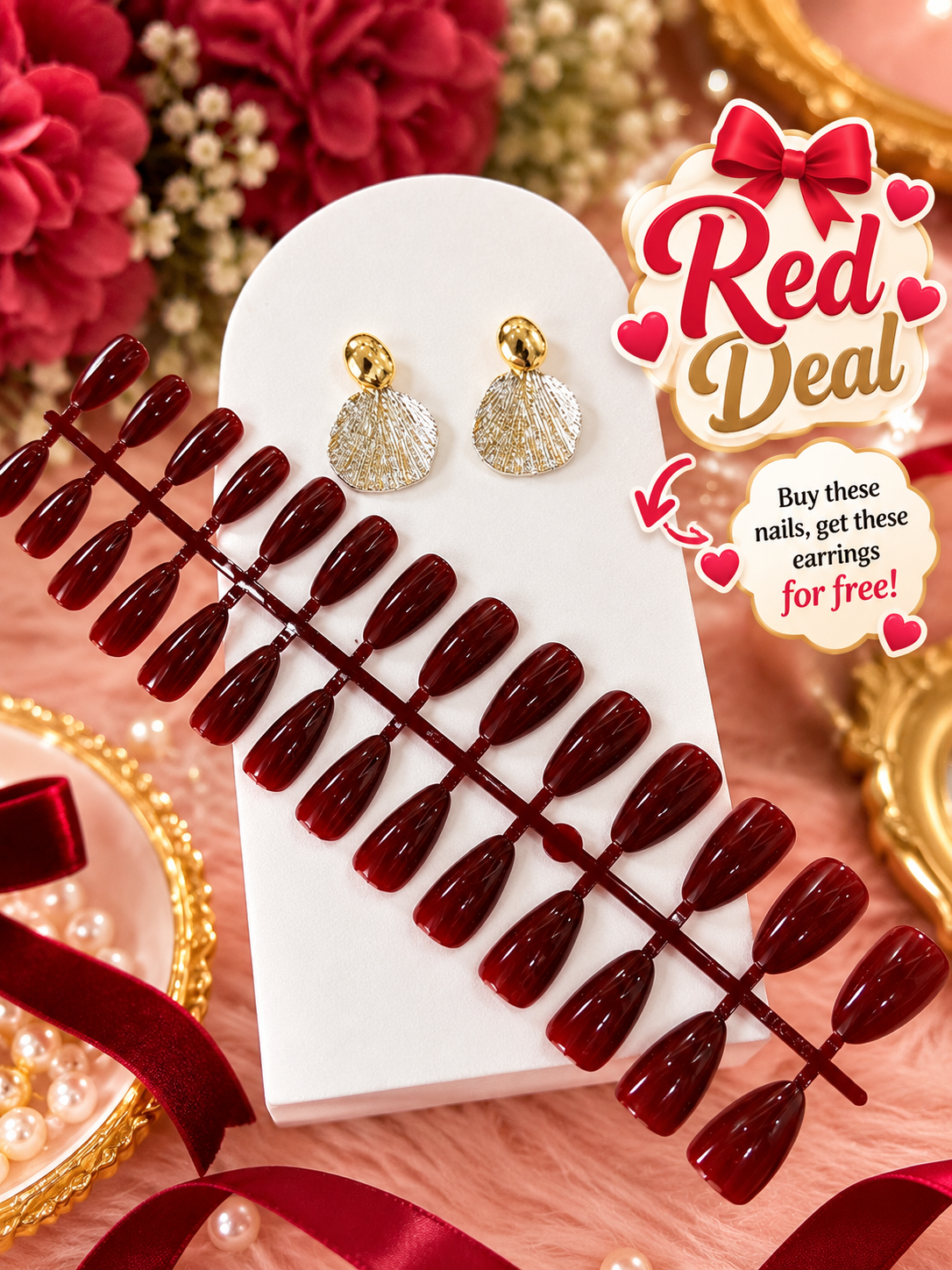 Red  Press-On Nails with Free Earrings | HA Tiny Trends