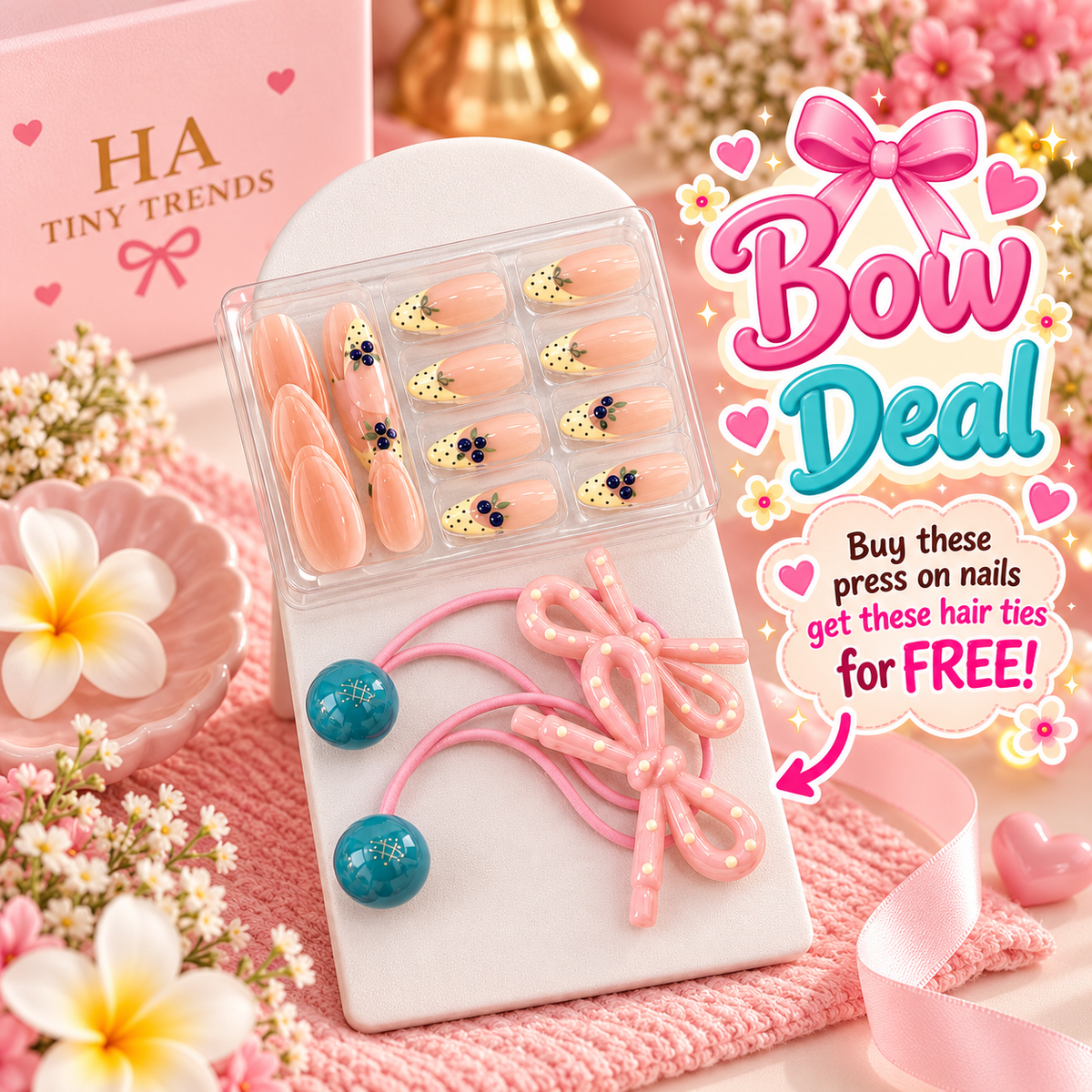 Floral Press-On Nails with Free Bow Hair Ties