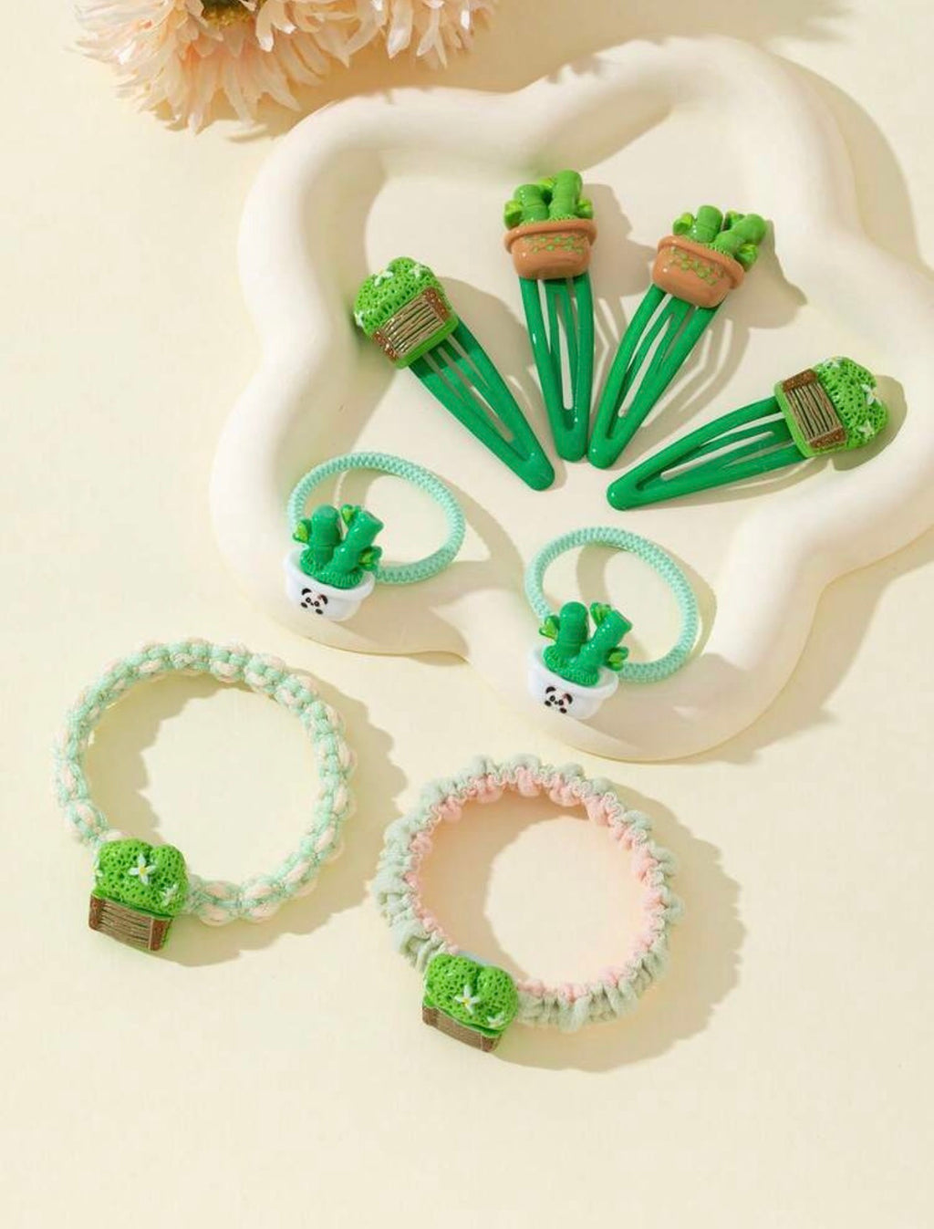 Cute Cactus Hair Accessories Set for Girls | 8-Piece Hair Clips & Hair Ties | HA TinyTrends