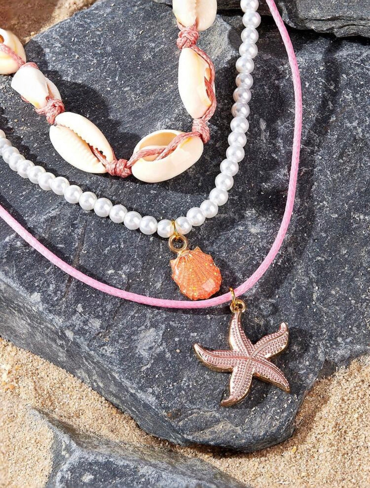 3-Piece Pink Starfish & Shell Beaded Necklace Set | Beach-Inspired Jewelry