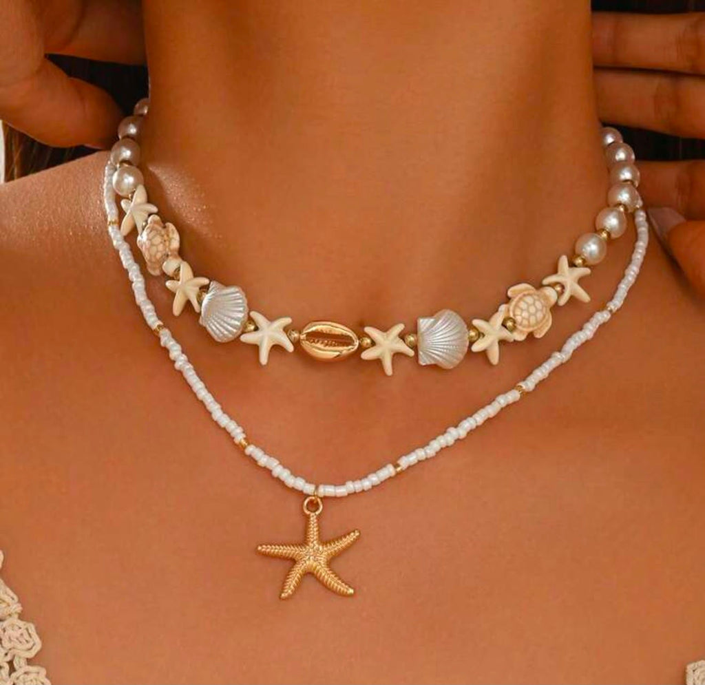 Layered Beach Charm Necklace Set | Pearl & Shell Starfish Turtle Choker with Gold Starfish Pendant Necklace (2 Piece Set)