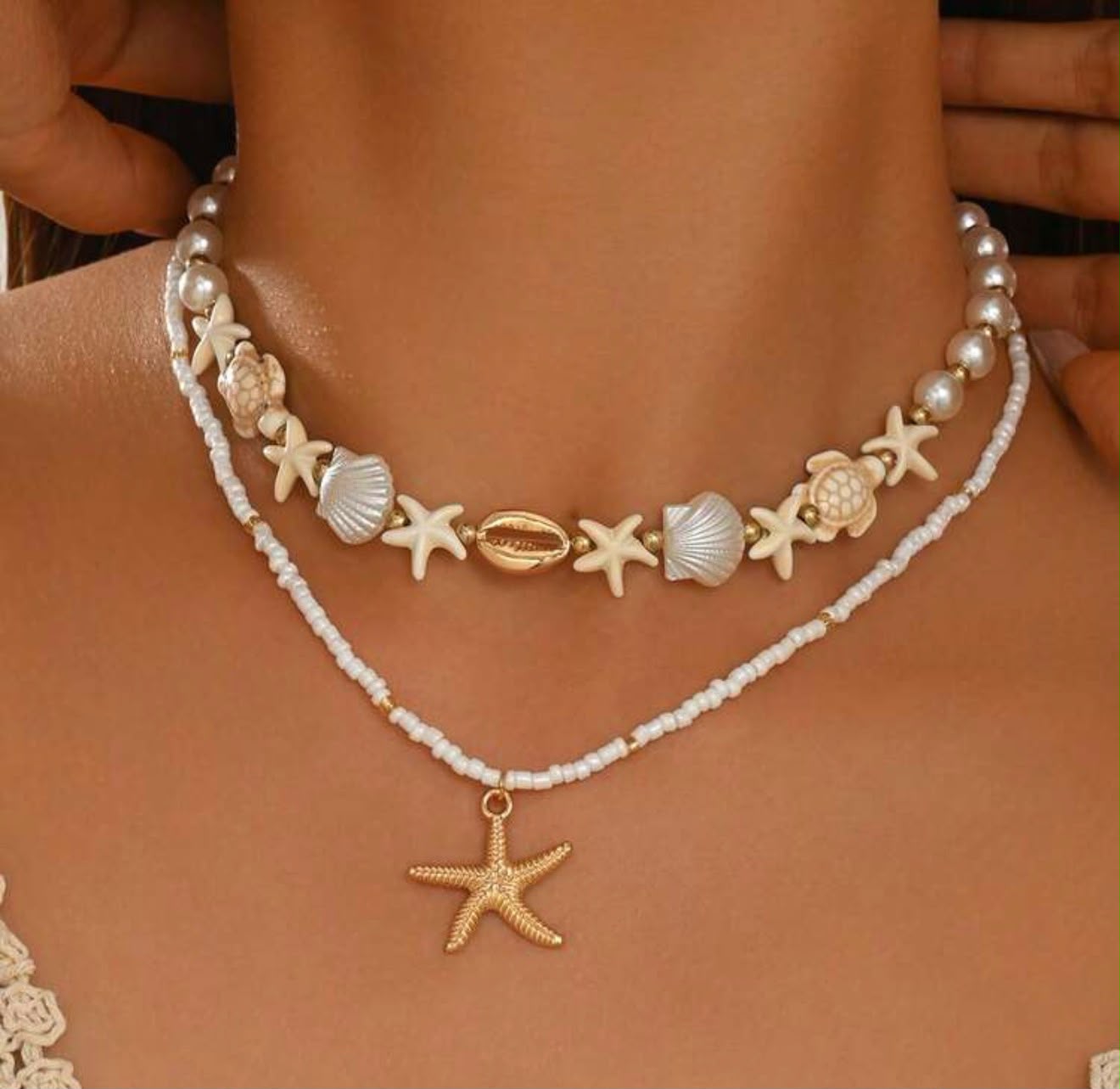 Layered Beach Charm Necklace Set | Pearl & Shell Starfish Turtle Choker with Gold Starfish Pendant Necklace (2 Piece Set)