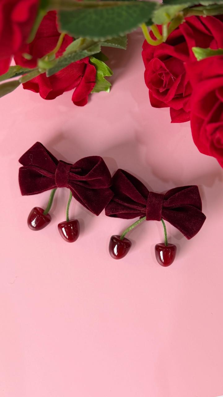 Velvet Cherry Hair Clips for Girls | Cute Burgundy Bow Set