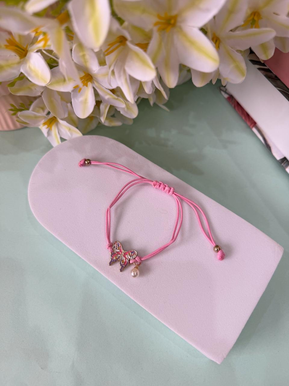 Pink Enamel Butterfly Cord Bracelet