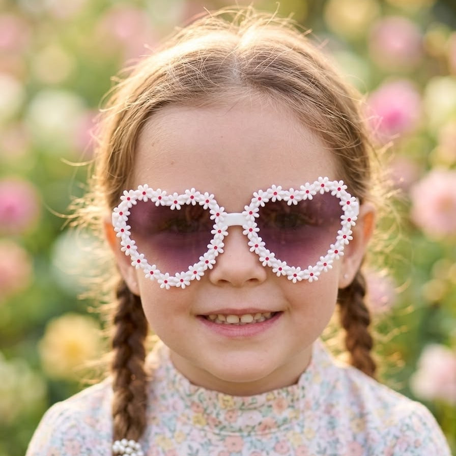 White Daisy Flower Sunglasses for Kids – Floral Round Sunnies with Purple Lens