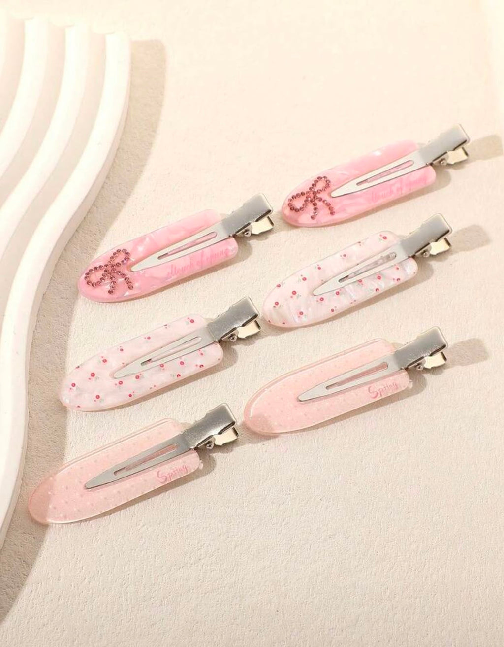 Pink Rhinestone Bow Hair Clips | Floral Polka Dot Alligator Clips Set