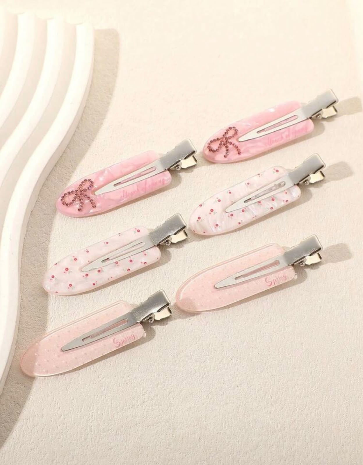 Pink Rhinestone Bow Hair Clips | Floral Polka Dot Alligator Clips Set