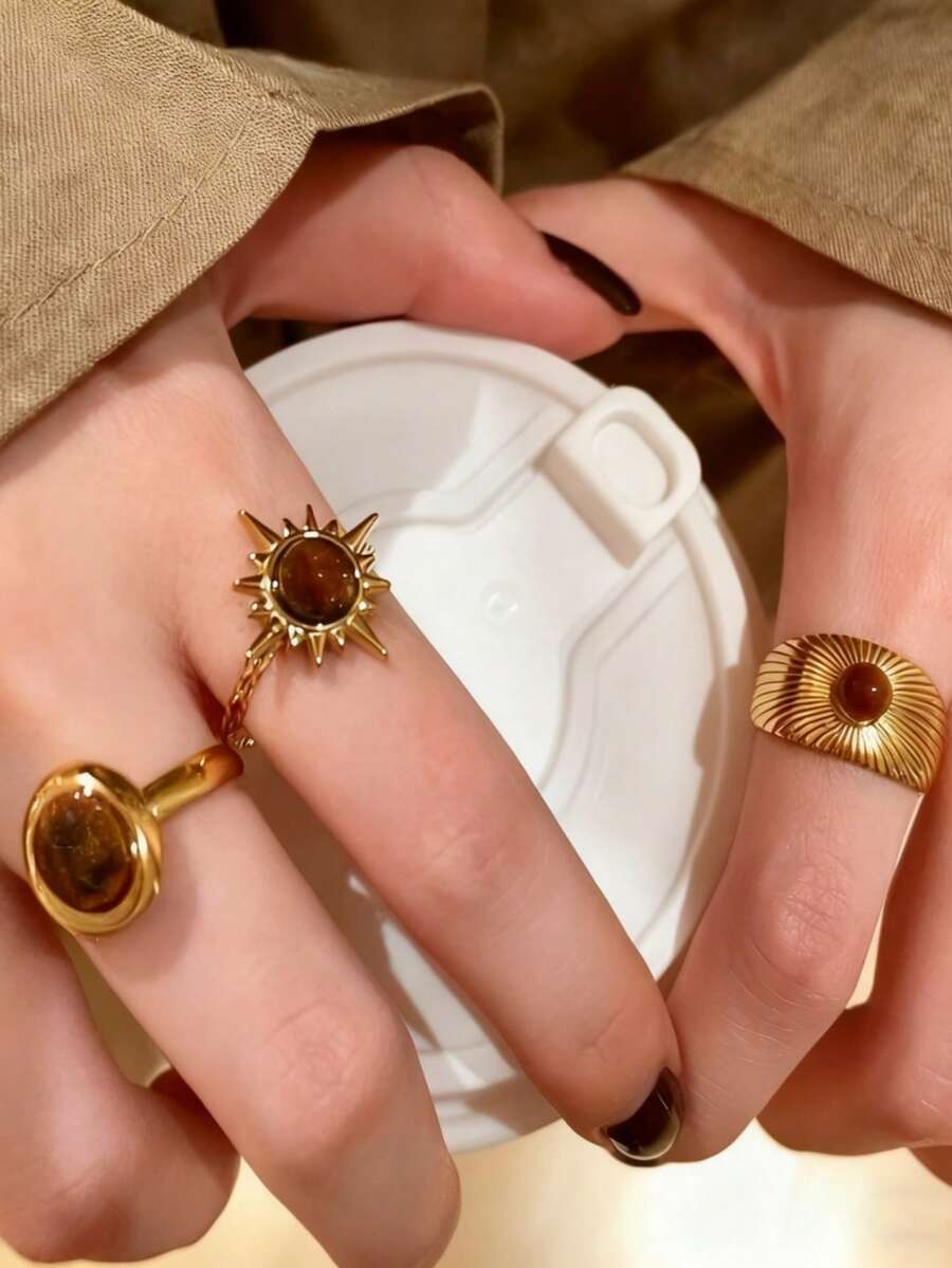 Vintage Gold Sunflower & Khaki Open Ring Set (3pcs)