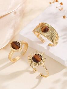 Vintage Gold Sunflower & Khaki Open Ring Set (3pcs)