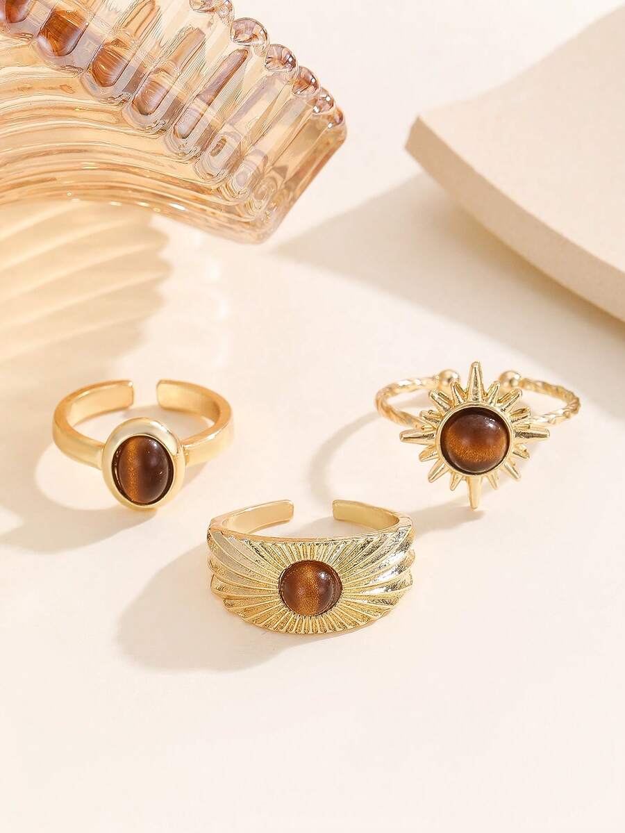 Vintage Gold Sunflower & Khaki Open Ring Set (3pcs)