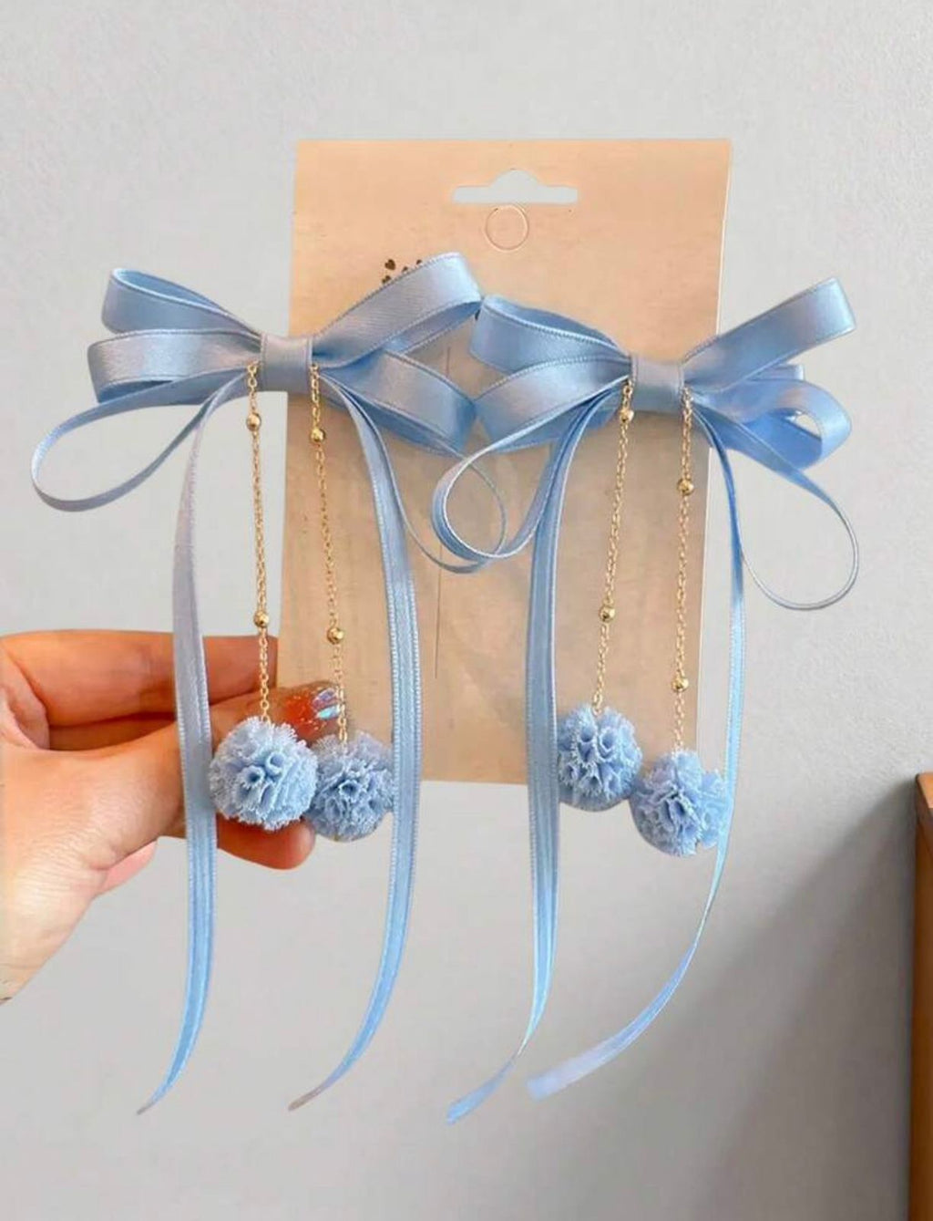 Pastel Blue Ribbon Bow Hair Clips with Pom-Pom Tassels