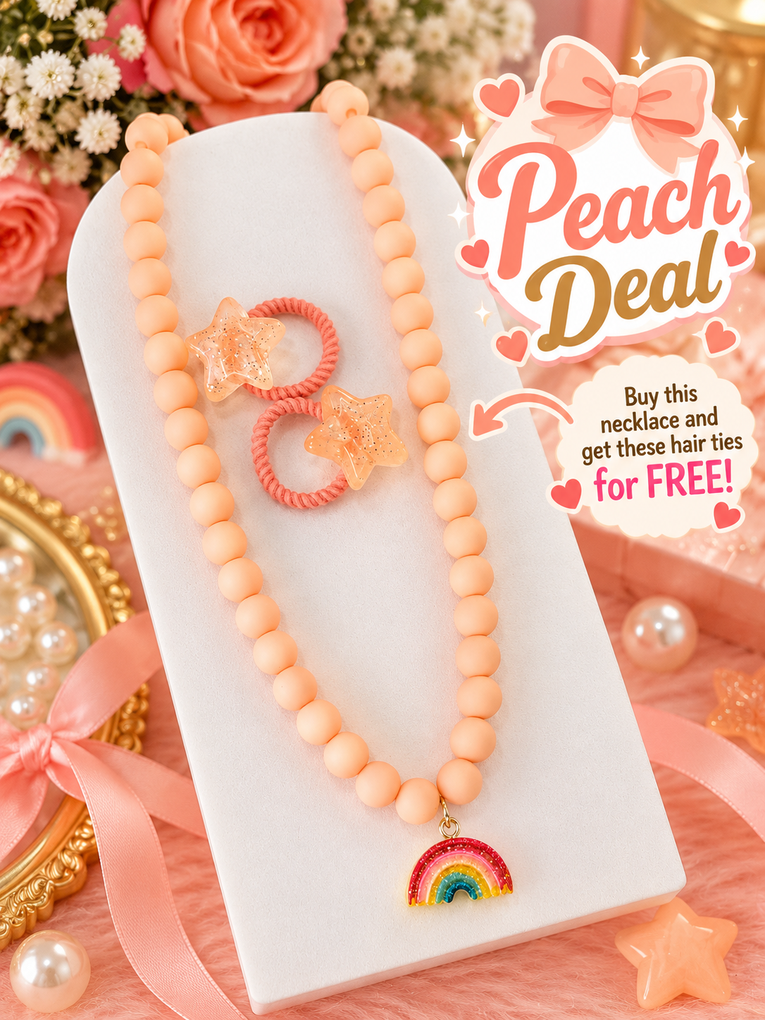 Peach Beaded Rainbow Necklace with Free Star Hair Ties | HA Tiny Trends