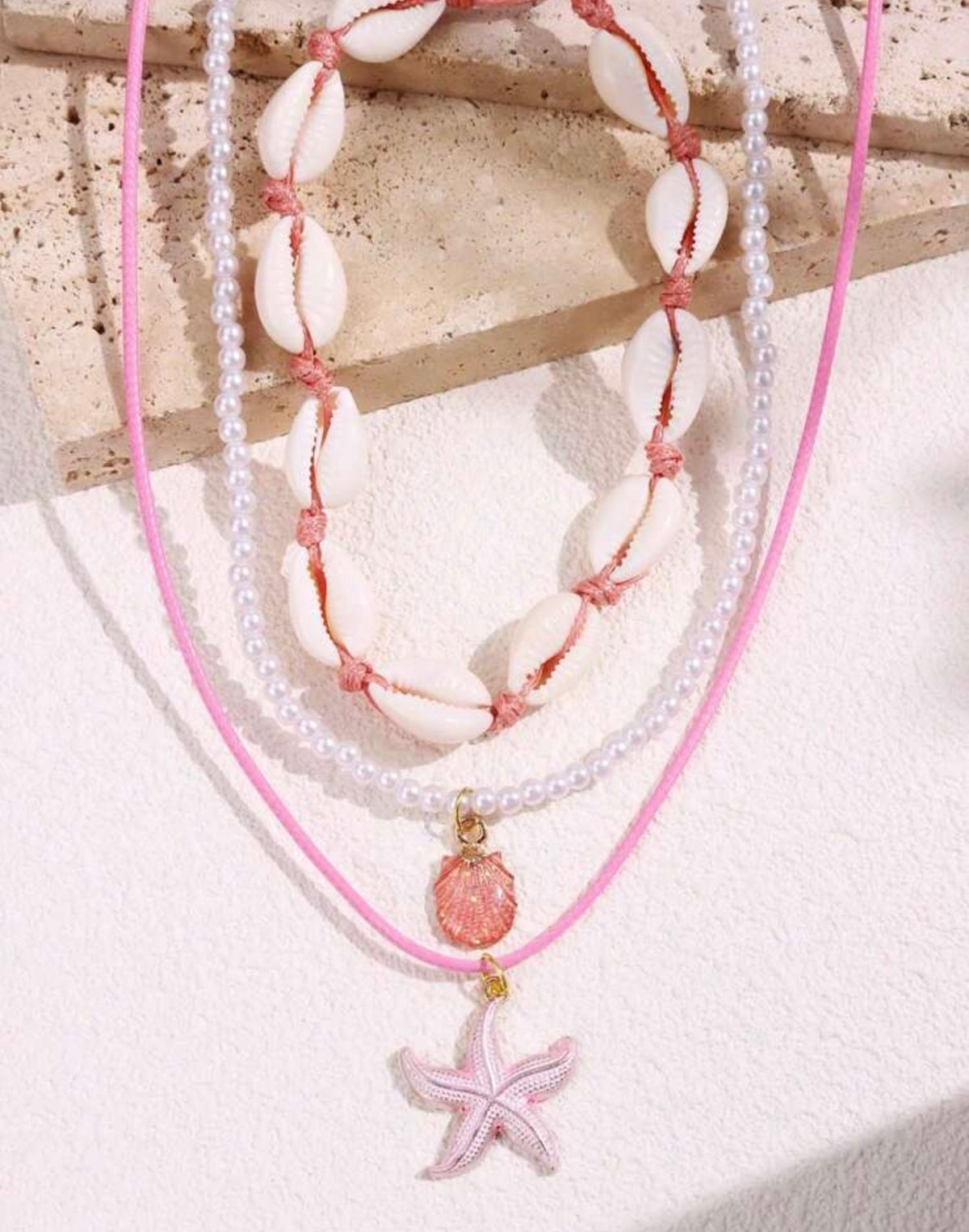 3-Piece Pink Starfish & Shell Beaded Necklace Set | Beach-Inspired Jewelry