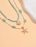 Layered Beach Beaded Necklace – Turquoise & White Seed Bead with Shell &amp; Starfish Charms