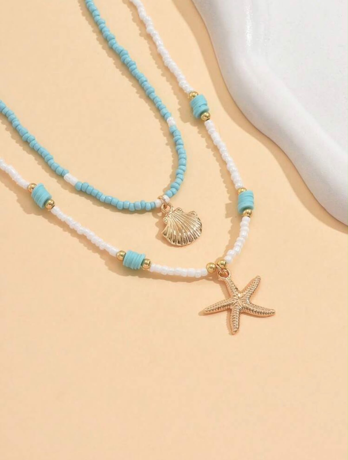 Layered Beach Beaded Necklace – Turquoise & White Seed Bead with Shell &amp; Starfish Charms