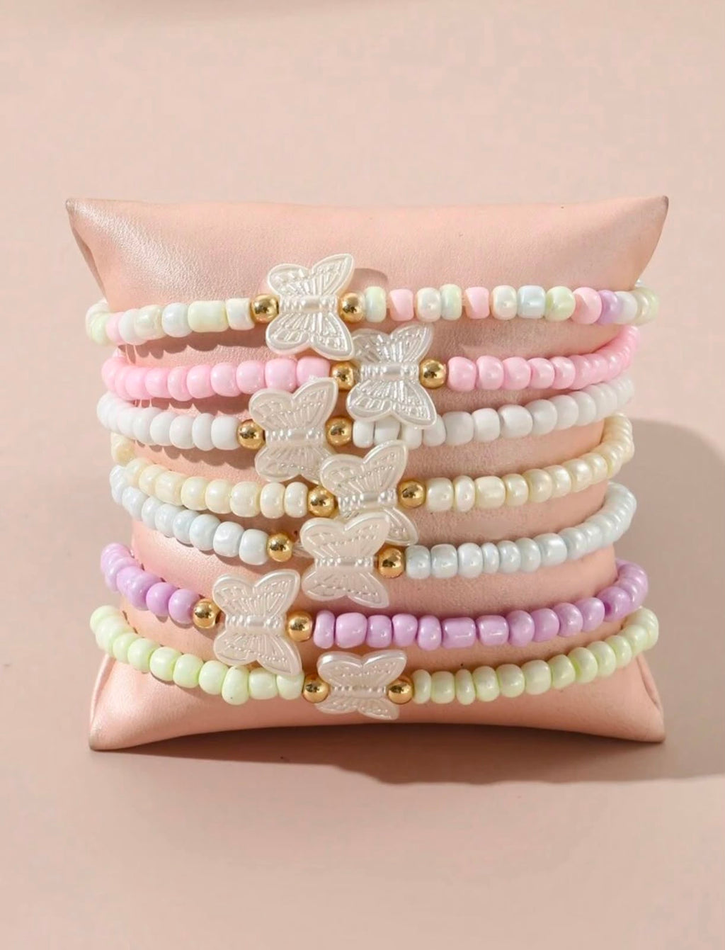 Pastel Beaded Butterfly Bracelets |Stackable Seed Bead Bracelets with Gold Accents & Mother-of-Pearl Butterflies