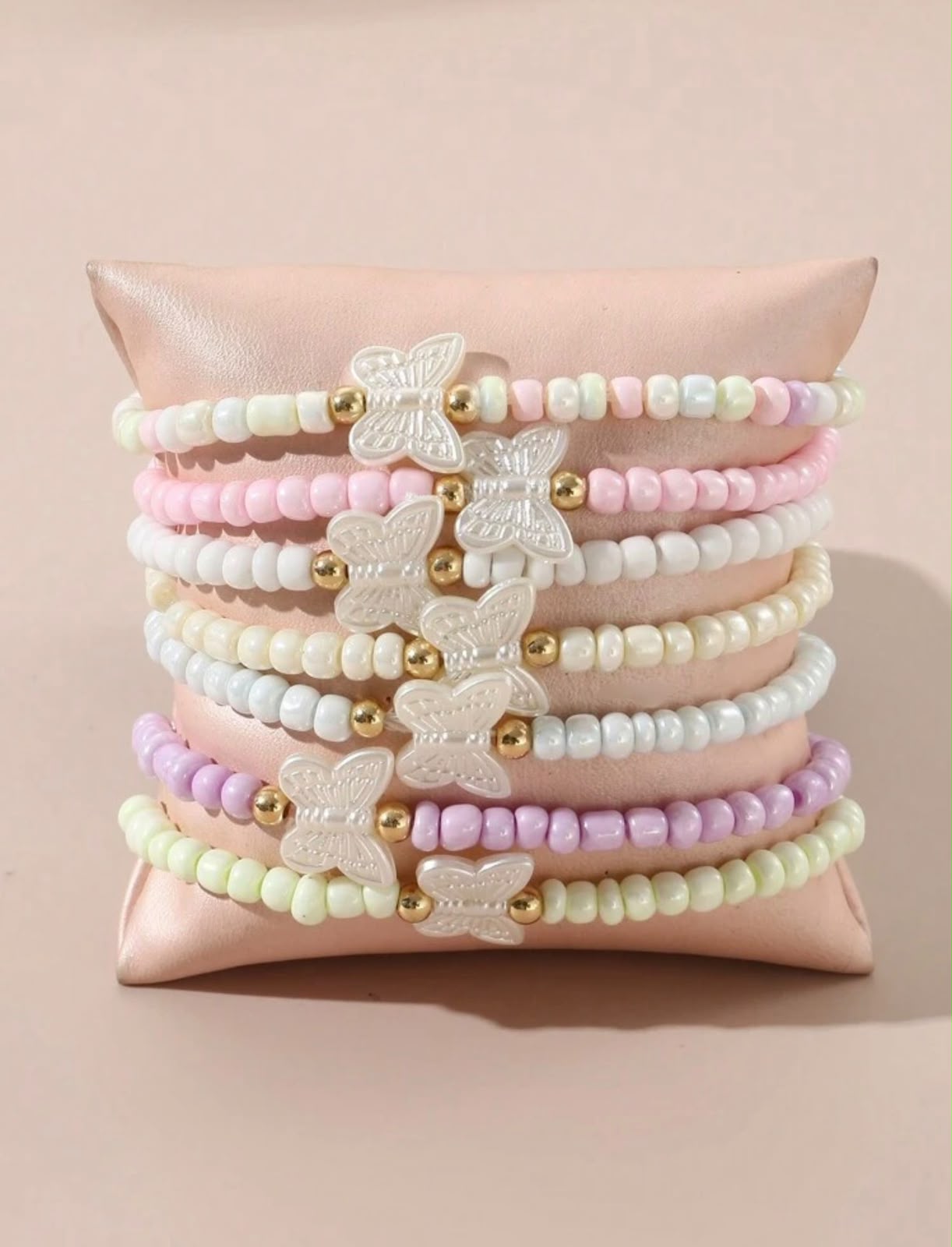 Pastel Beaded Butterfly Bracelets |Stackable Seed Bead Bracelets with Gold Accents & Mother-of-Pearl Butterflies