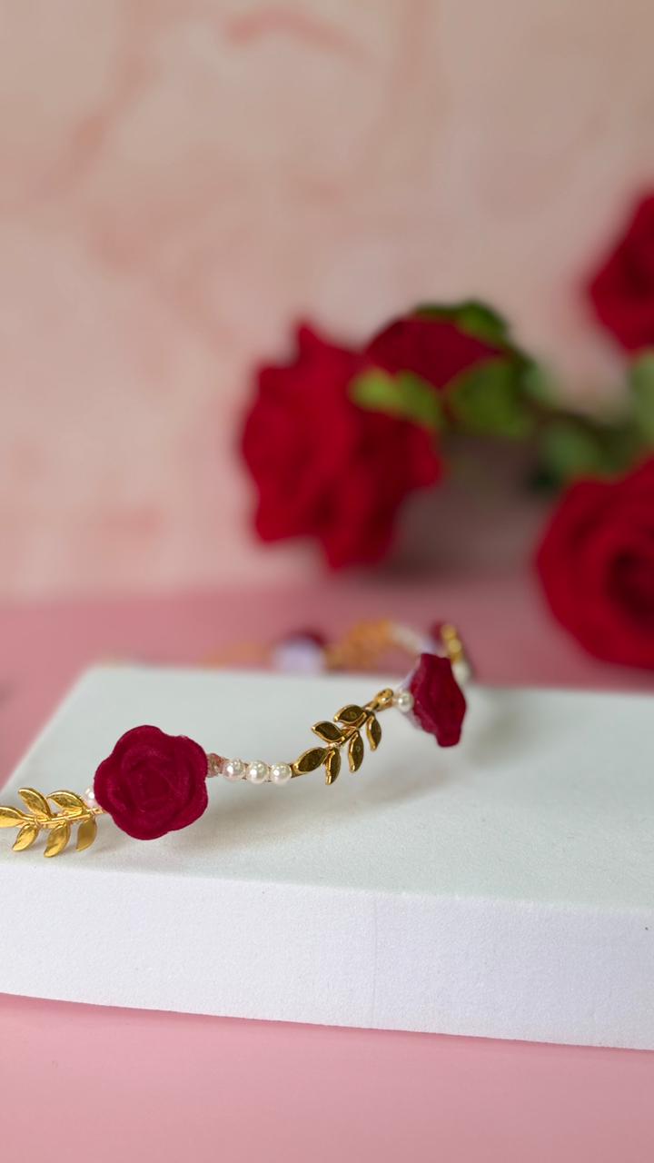 Girls Gold Floral Headband with Red Velvet Roses - Elegant Tiara Gift