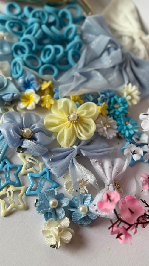 Girls Hair Accessories Bundle – Floral Clips, Bow Pins, Star Clips & Mini Rubber Bands | Blue Pastel Hair Set for Kids