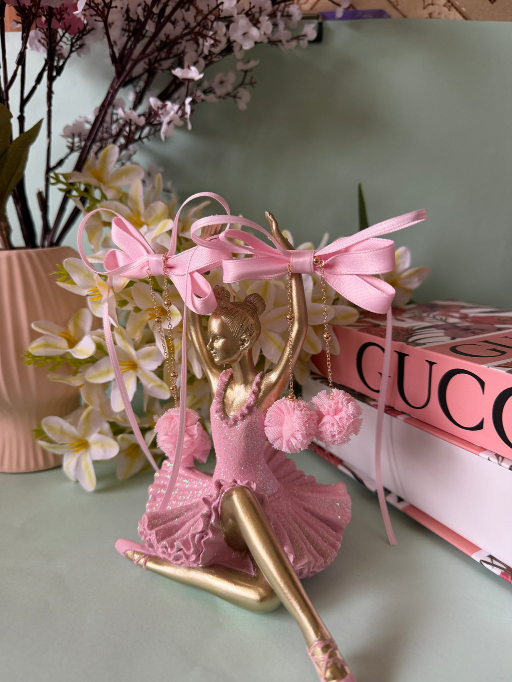 Baby Pink Coquette Ribbon Bow Hair Clips with Pom-Poms