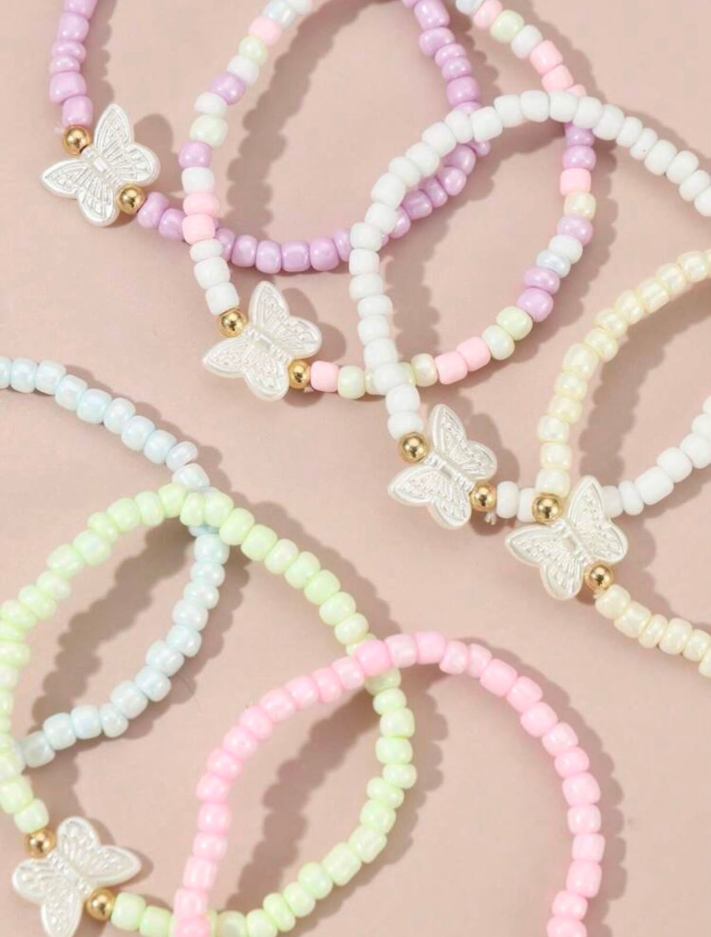 Pastel Beaded Butterfly Bracelets |Stackable Seed Bead Bracelets with Gold Accents & Mother-of-Pearl Butterflies