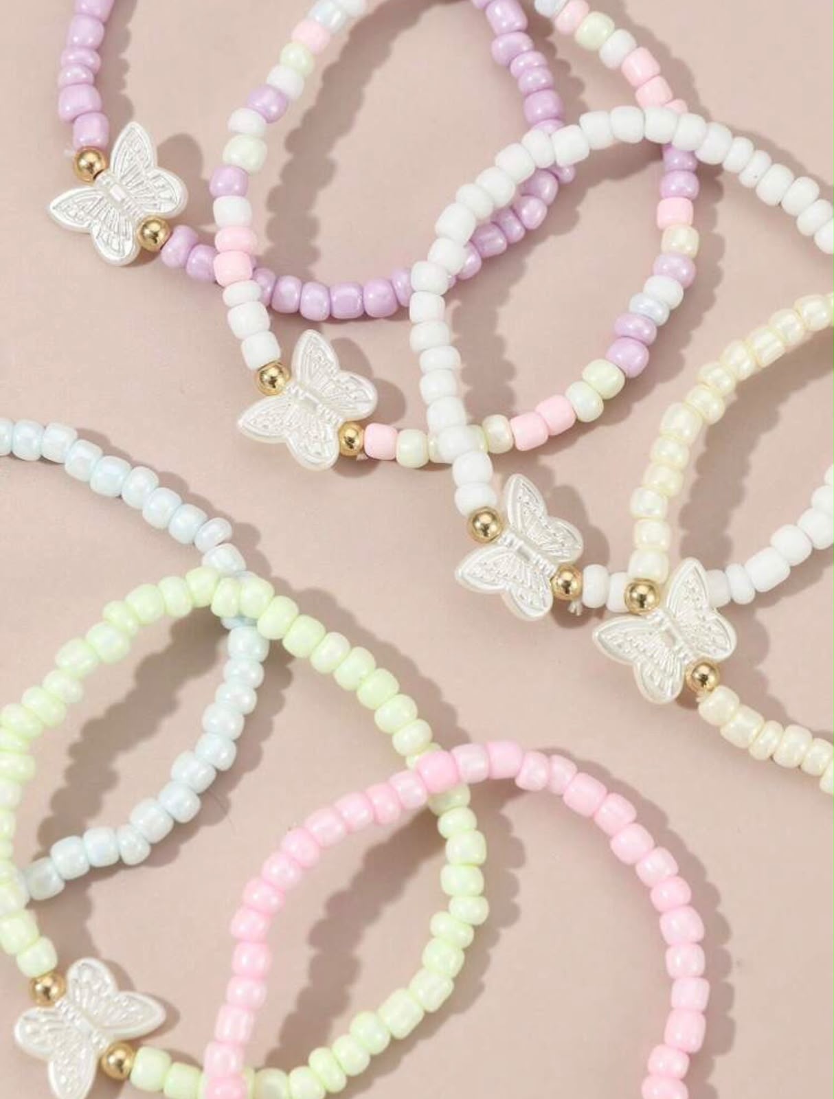 Pastel Beaded Butterfly Bracelets |Stackable Seed Bead Bracelets with Gold Accents & Mother-of-Pearl Butterflies