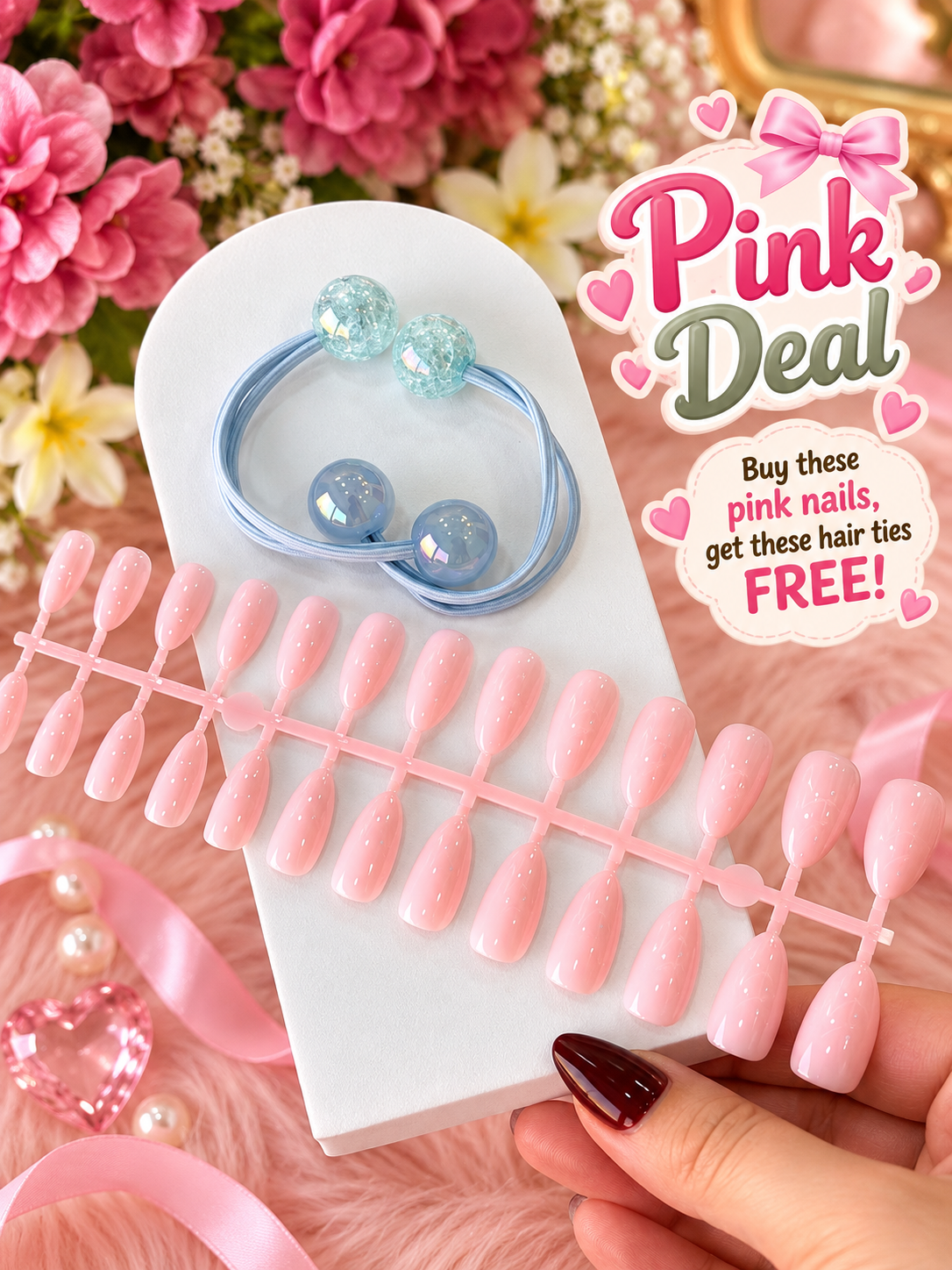 Pink Press-On Nails with Free Blue Beaded Hair Ties