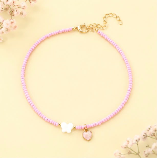 Colorful Beaded Butterfly &amp; Heart Charm Necklaces