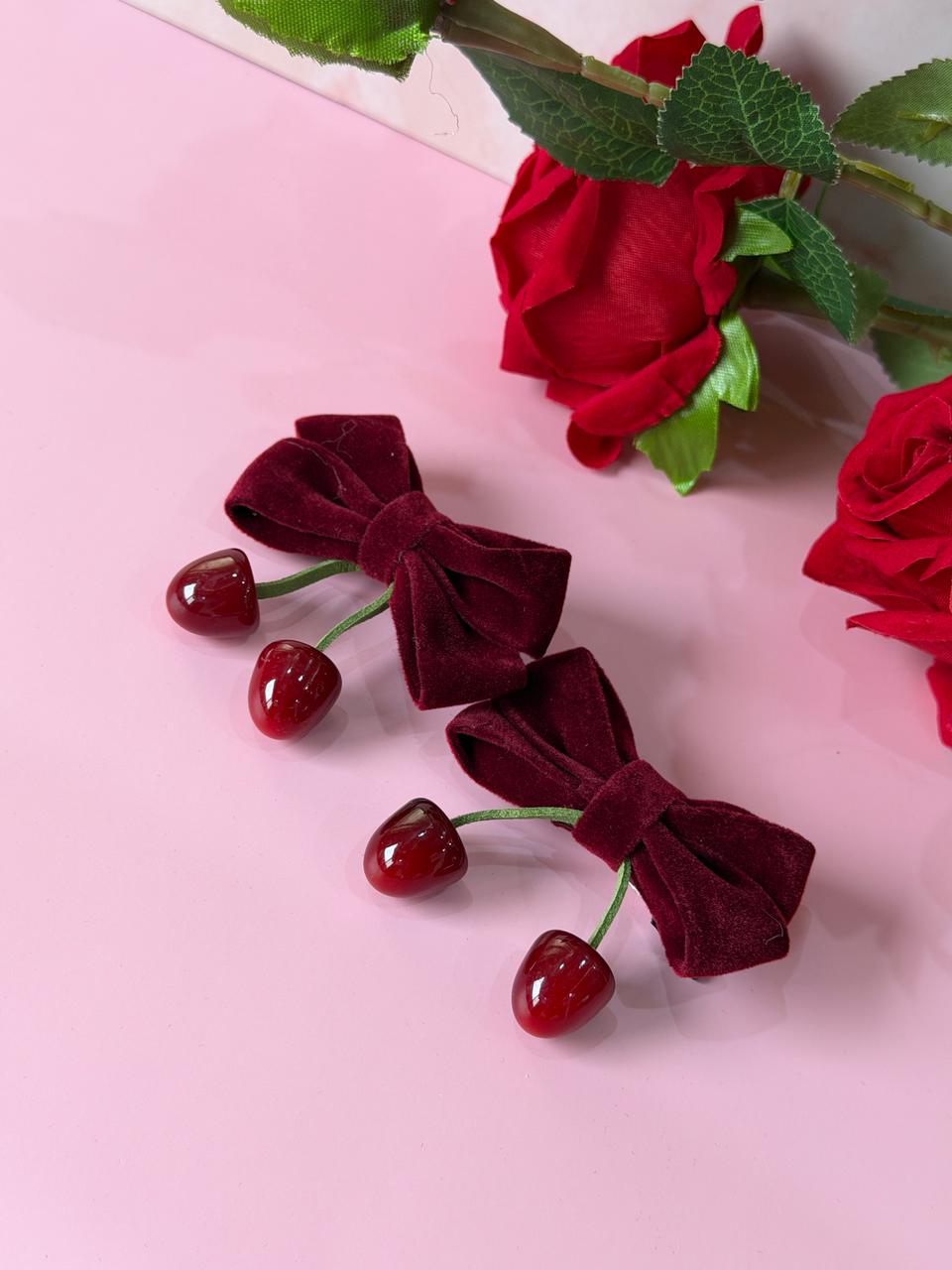 Velvet Cherry Hair Clips for Girls | Cute Burgundy Bow Set