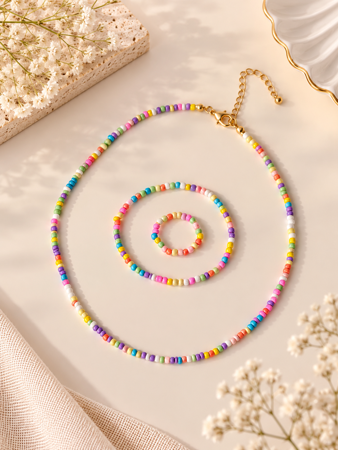 Pastel Yellow Beaded Necklace, Bracelet & Ring