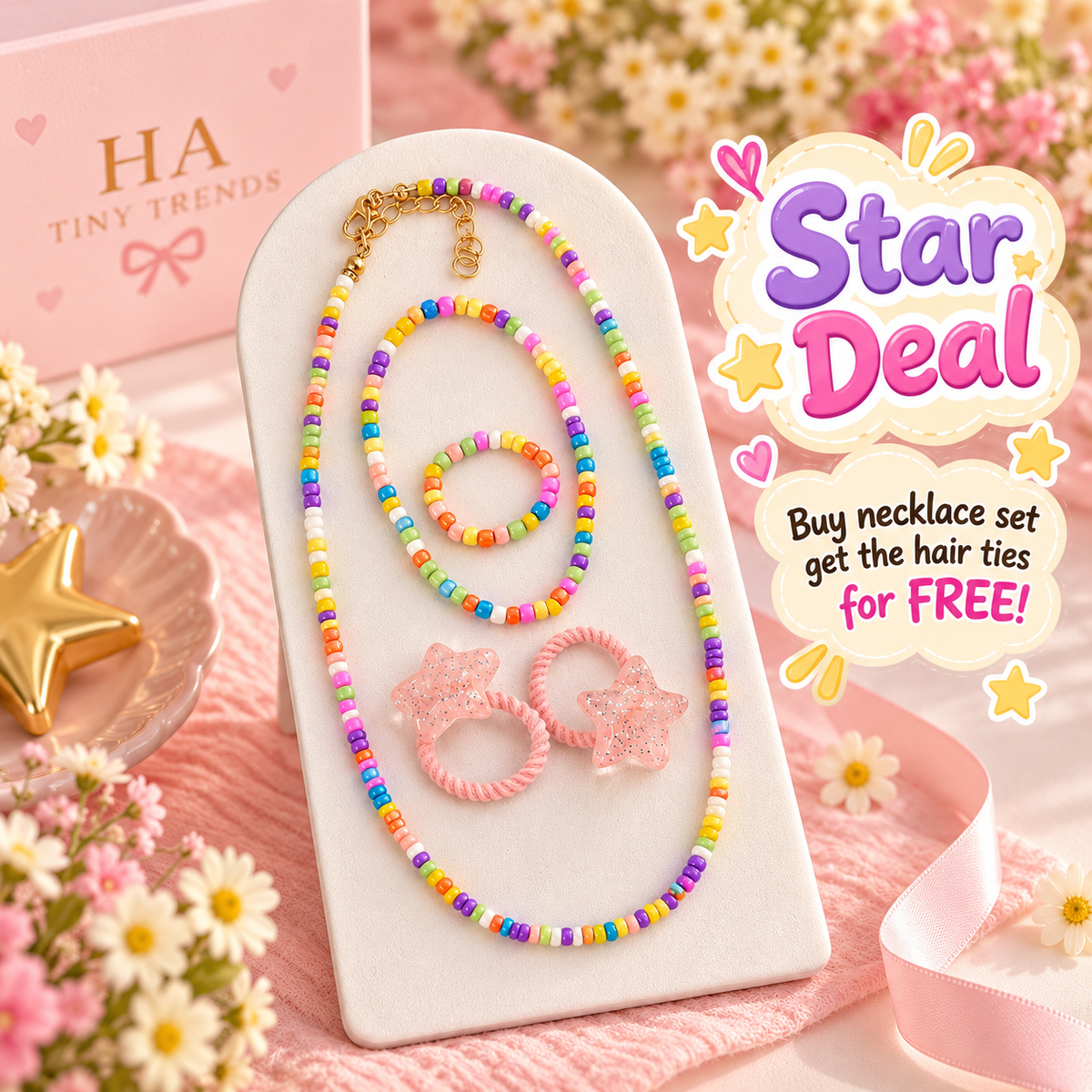 Colorful Beaded Necklace Set with Free Star Hair Ties