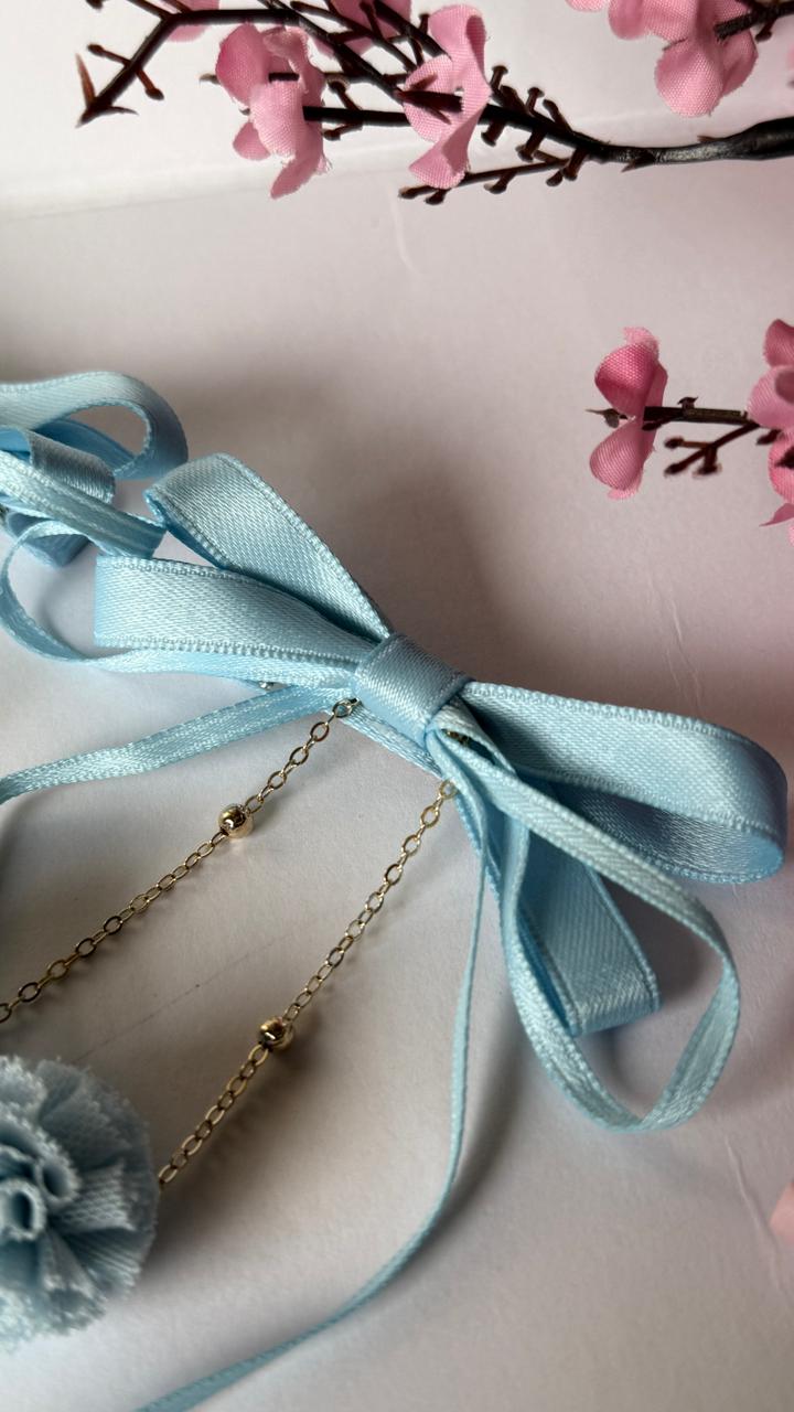 Pastel Blue Ribbon Bow Hair Clips with Pom-Pom Tassels