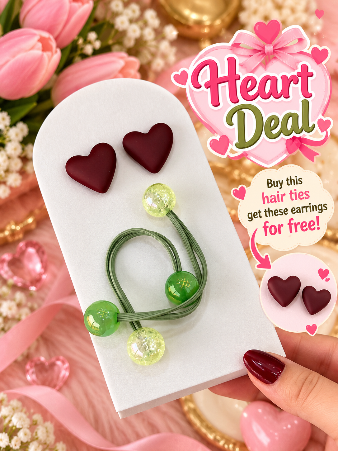 Green Beaded Hair Ties with Free Heart Earrings