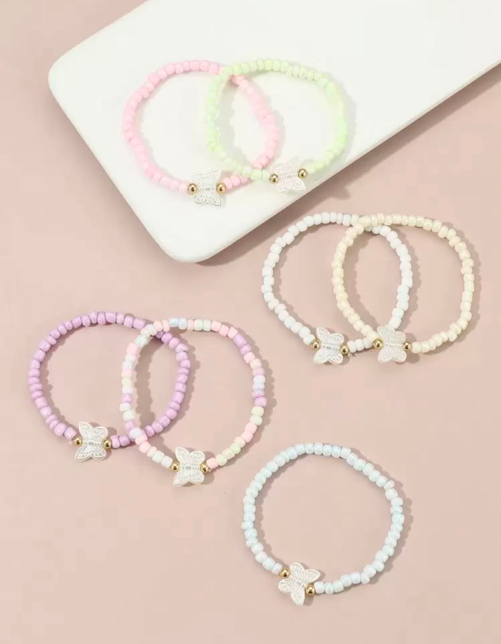 Pastel Beaded Butterfly Bracelets |Stackable Seed Bead Bracelets with Gold Accents & Mother-of-Pearl Butterflies