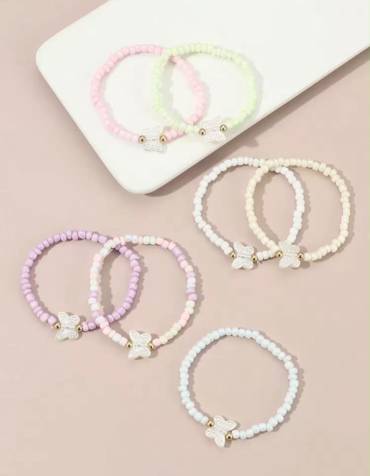 Pastel Beaded Butterfly Bracelets |Stackable Seed Bead Bracelets with Gold Accents & Mother-of-Pearl Butterflies