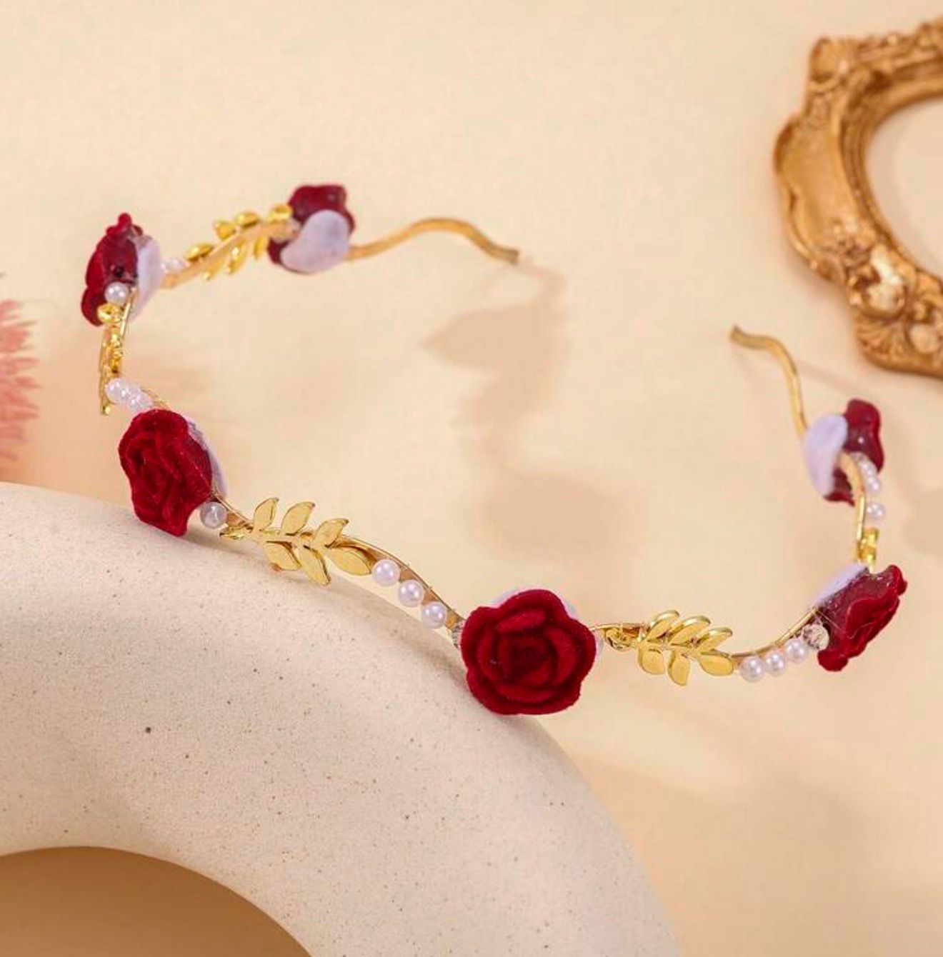 Girls Gold Floral Headband with Red Velvet Roses - Elegant Tiara Gift