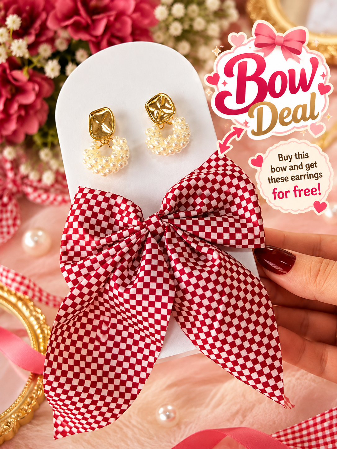 Red Gingham Bow with Free Pearl Earrings | Bow Deal