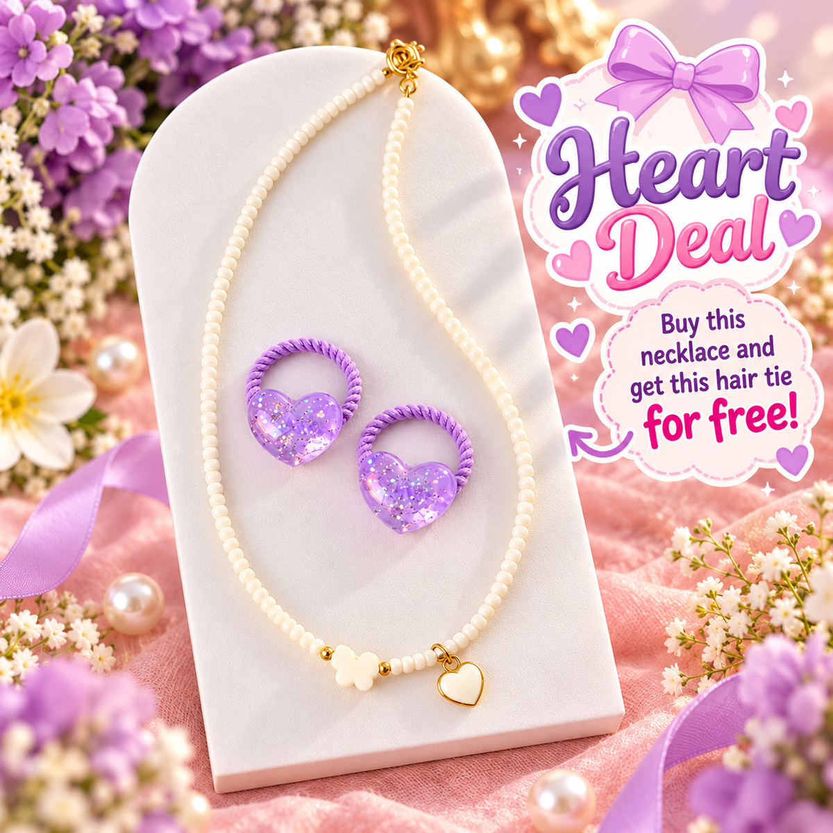 White Heart Beaded Necklace with Free Purple Heart Hair ties