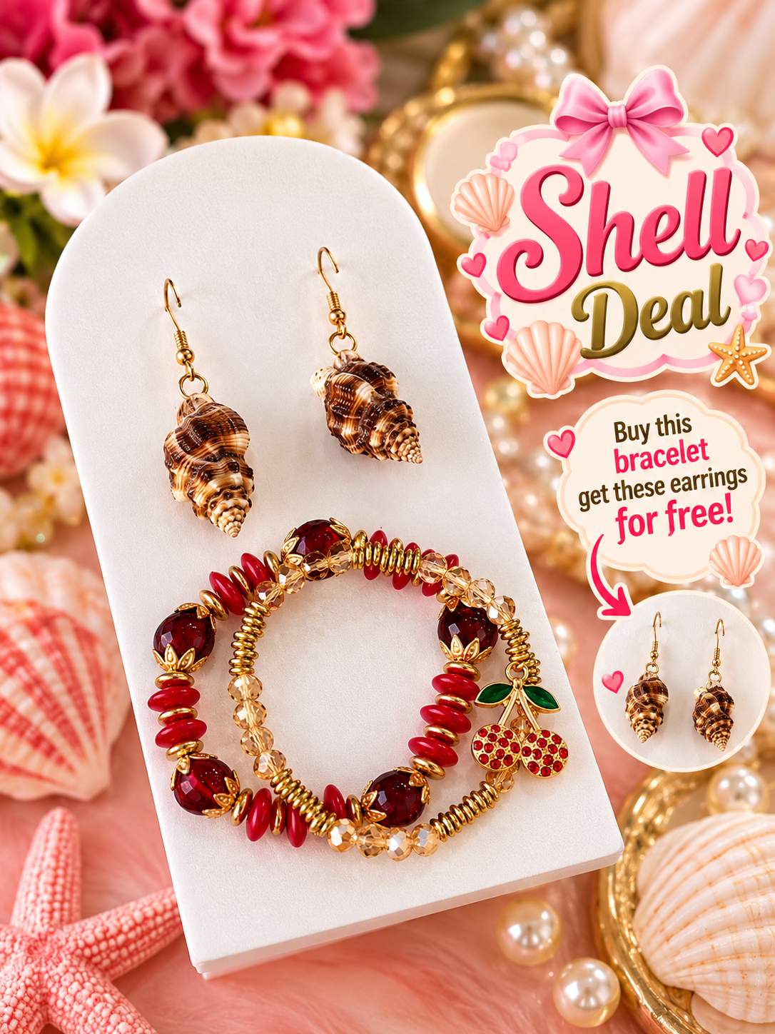 Red & Gold Beaded Bracelet with Free Seashell Earrings
