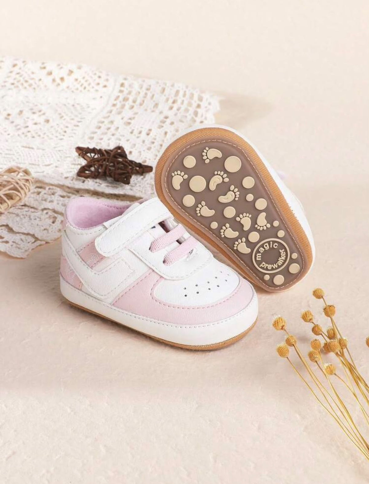 Pink & White Baby Girl Sneakers | Hook and Loop Casual Shoes| 6 to 12 months