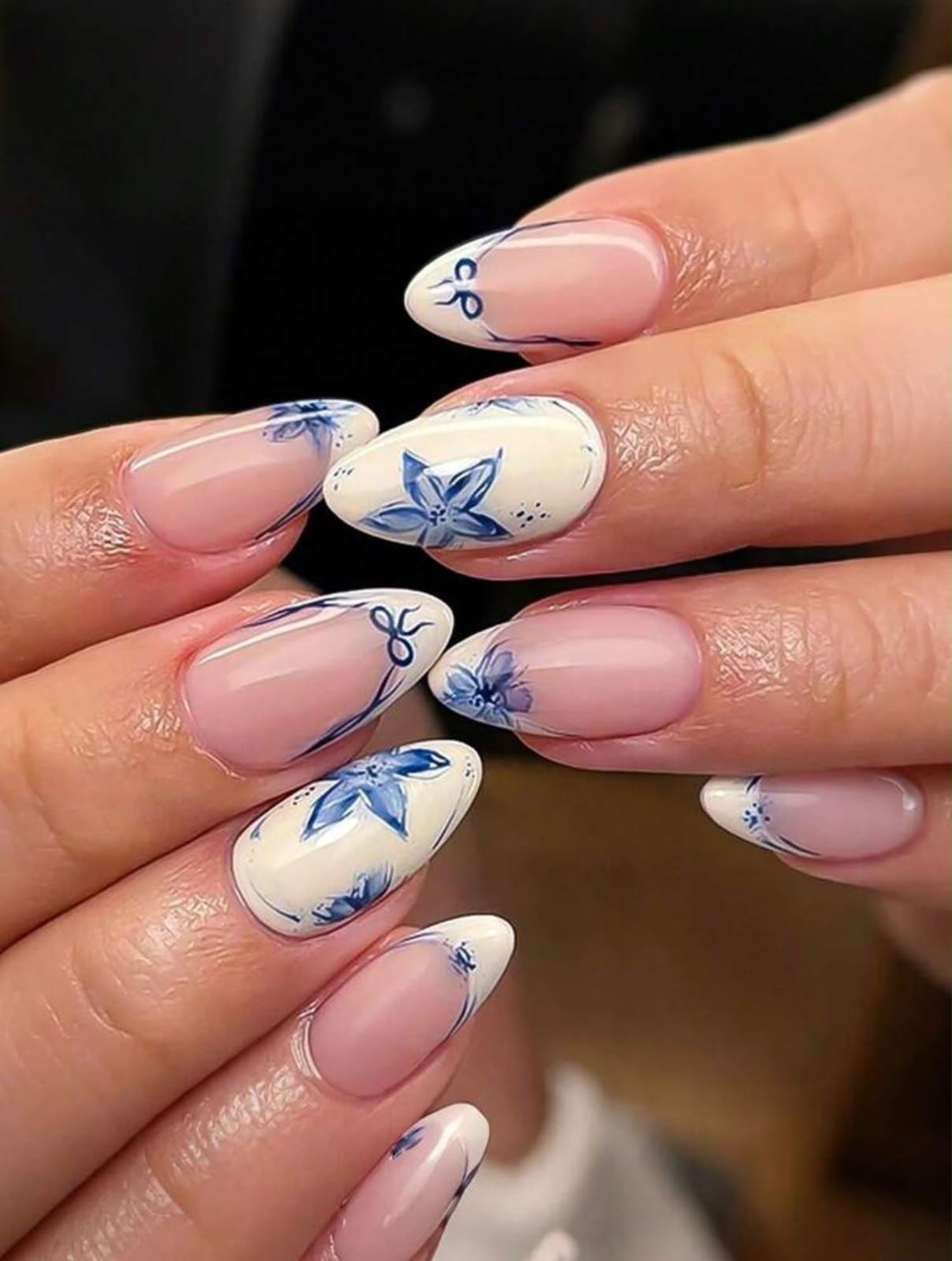 Blue Floral French Tip Press-On Nails | Almond Shape Fake Nails