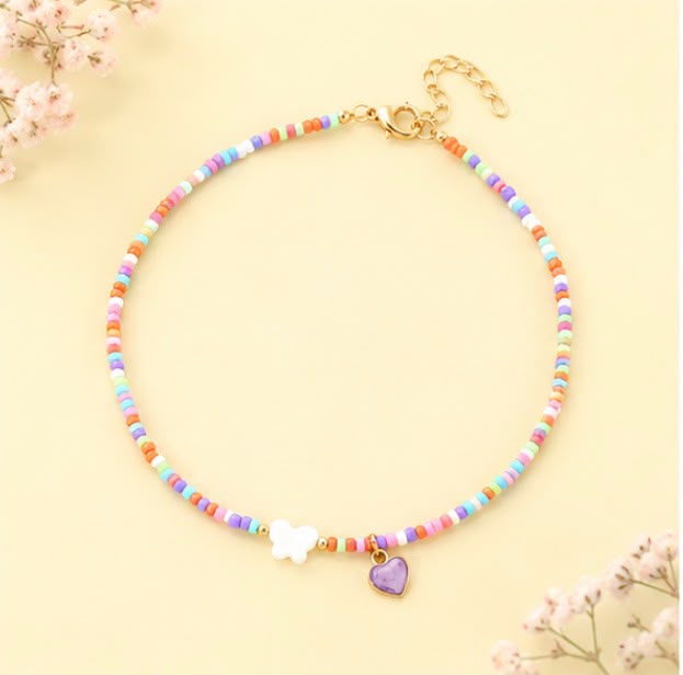 Colorful Beaded Butterfly &amp; Heart Charm Necklaces