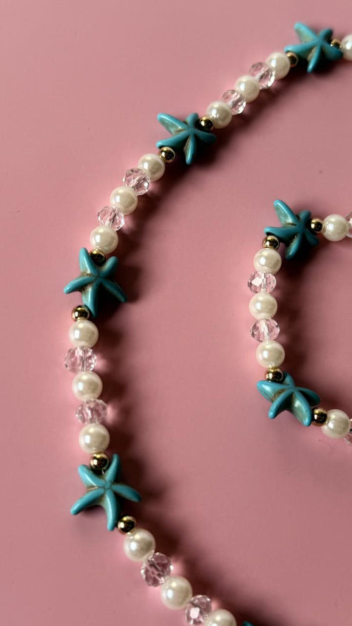 Starfish Pearl Necklace & Bracelet Set – Teal Starfish Crystal Bead Jewelry for Kids & Women