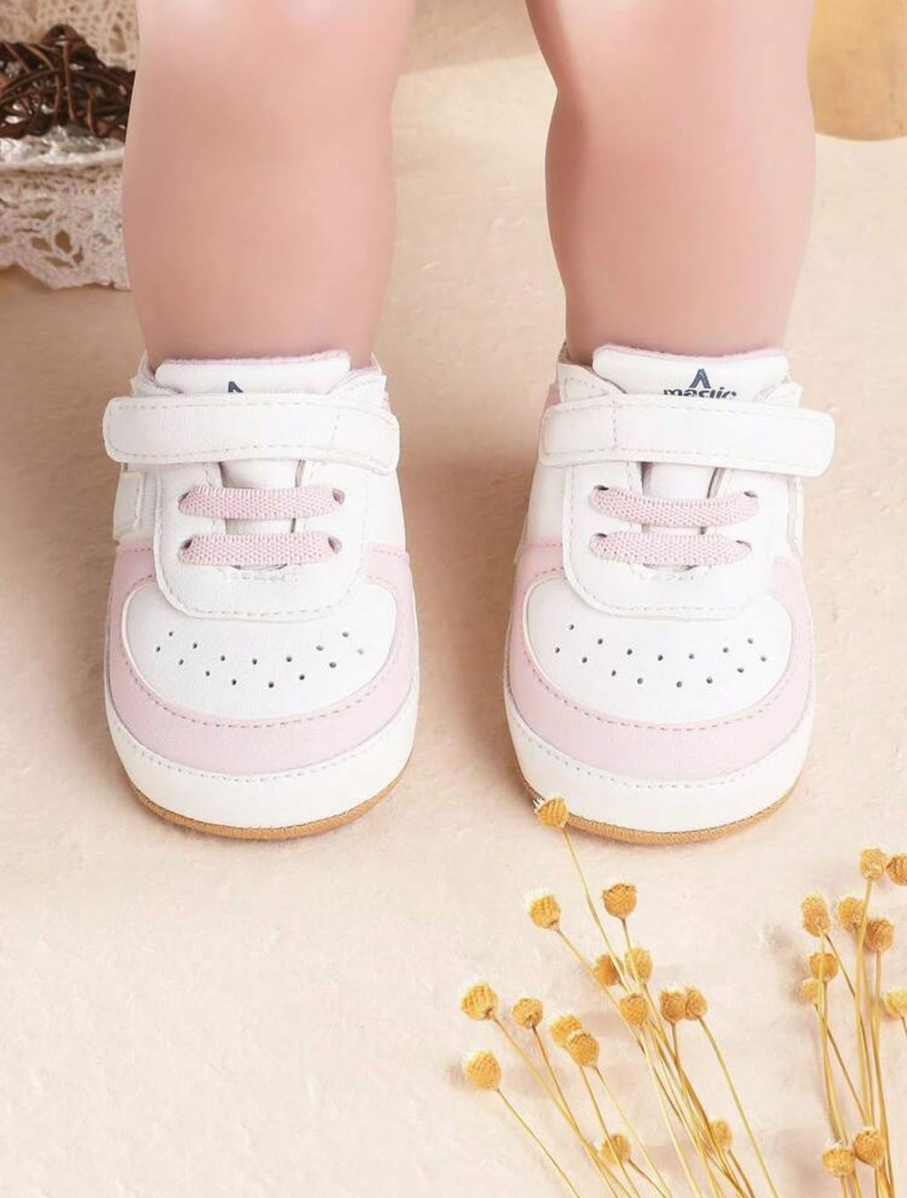 Pink & White Baby Girl Sneakers | Hook and Loop Casual Shoes| 6 to 12 months