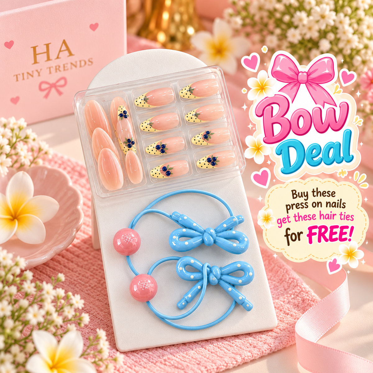 Floral Press-On Nails with Free Bow Hair Ties